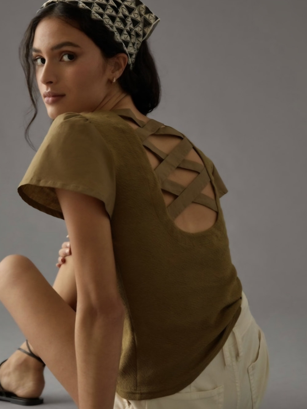 Anthropologie Olive Crisscross-Back Short Sleeve Tee